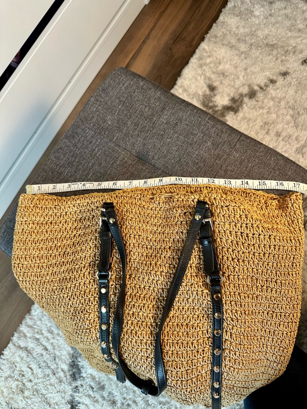 Michael Kors Mustard Yellow Woven Tote with Black Trim - Picture 11 of 14